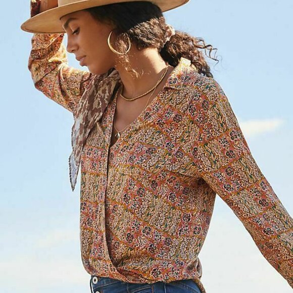 Anthropologie Pilcro Tisha Blouse Medium Surplice Wrap Style Long Sleeve - Picture 2 of 10